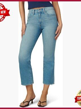 High Rise Cropped Bootcut Jeans with Distressed Hem Stretch Denim